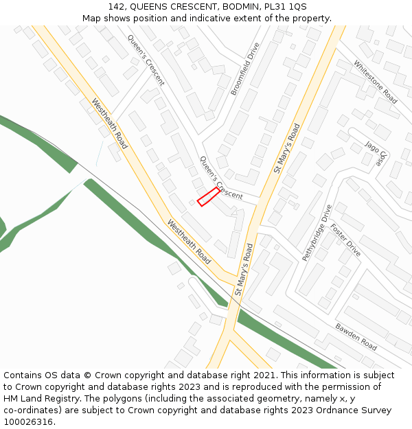 142, QUEENS CRESCENT, BODMIN, PL31 1QS: Location map and indicative extent of plot