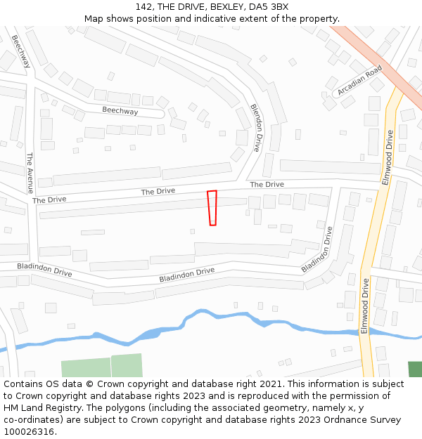 142, THE DRIVE, BEXLEY, DA5 3BX: Location map and indicative extent of plot