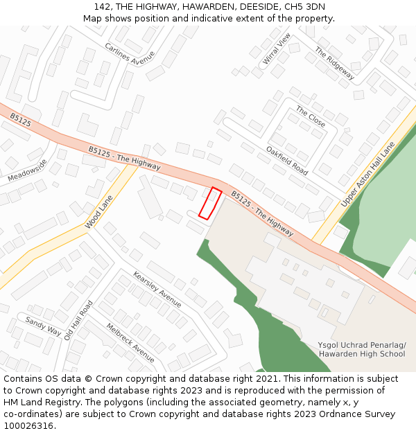 142, THE HIGHWAY, HAWARDEN, DEESIDE, CH5 3DN: Location map and indicative extent of plot