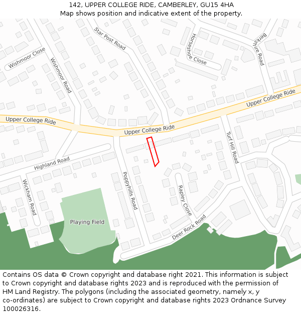 142, UPPER COLLEGE RIDE, CAMBERLEY, GU15 4HA: Location map and indicative extent of plot