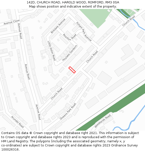 142D, CHURCH ROAD, HAROLD WOOD, ROMFORD, RM3 0SA: Location map and indicative extent of plot