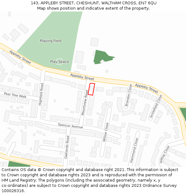 143, APPLEBY STREET, CHESHUNT, WALTHAM CROSS, EN7 6QU: Location map and indicative extent of plot