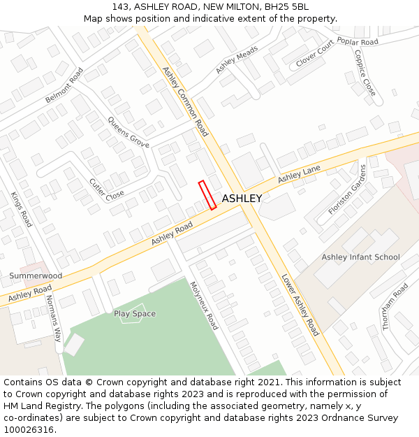 143, ASHLEY ROAD, NEW MILTON, BH25 5BL: Location map and indicative extent of plot