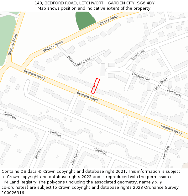 143, BEDFORD ROAD, LETCHWORTH GARDEN CITY, SG6 4DY: Location map and indicative extent of plot