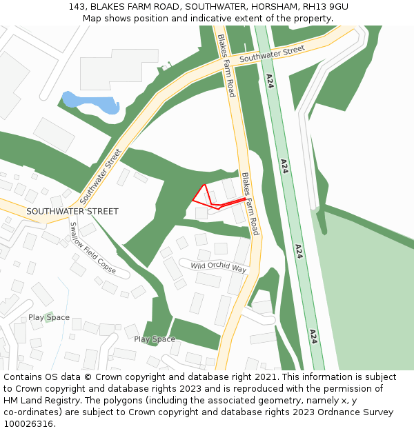 143, BLAKES FARM ROAD, SOUTHWATER, HORSHAM, RH13 9GU: Location map and indicative extent of plot