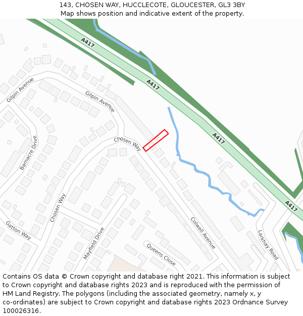 143, CHOSEN WAY, HUCCLECOTE, GLOUCESTER, GL3 3BY: Location map and indicative extent of plot
