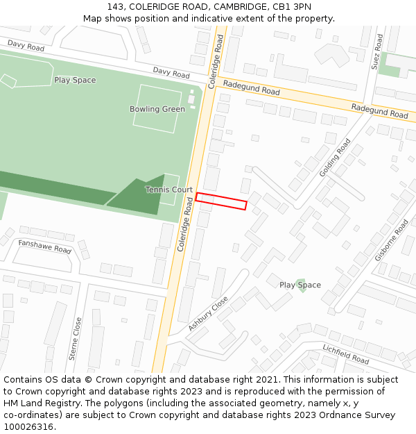 143, COLERIDGE ROAD, CAMBRIDGE, CB1 3PN: Location map and indicative extent of plot