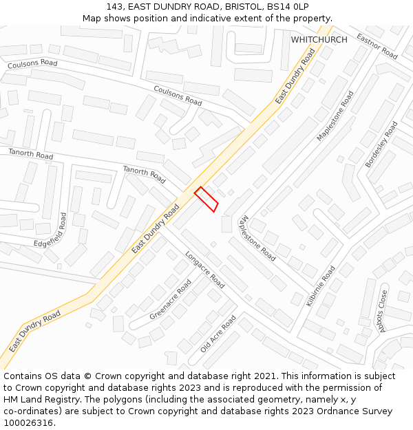 143, EAST DUNDRY ROAD, BRISTOL, BS14 0LP: Location map and indicative extent of plot