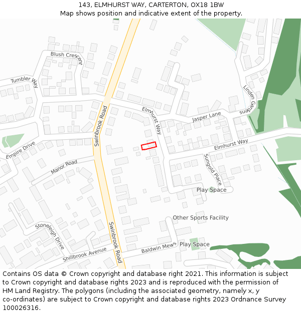 143, ELMHURST WAY, CARTERTON, OX18 1BW: Location map and indicative extent of plot