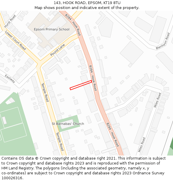 143, HOOK ROAD, EPSOM, KT19 8TU: Location map and indicative extent of plot