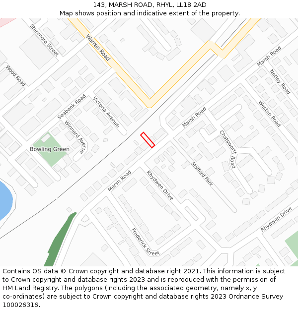 143, MARSH ROAD, RHYL, LL18 2AD: Location map and indicative extent of plot