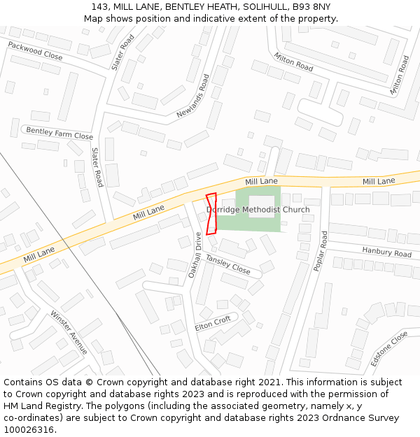 143, MILL LANE, BENTLEY HEATH, SOLIHULL, B93 8NY: Location map and indicative extent of plot