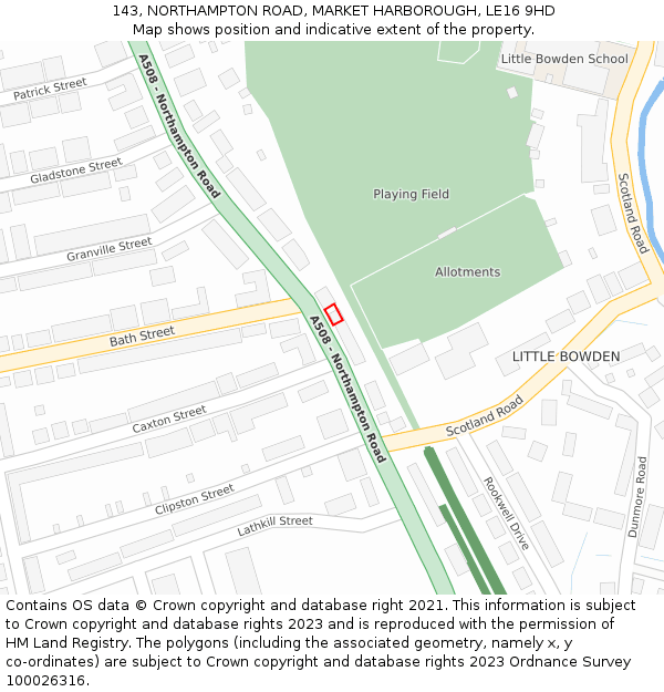 143, NORTHAMPTON ROAD, MARKET HARBOROUGH, LE16 9HD: Location map and indicative extent of plot