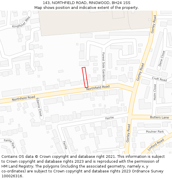 143, NORTHFIELD ROAD, RINGWOOD, BH24 1SS: Location map and indicative extent of plot