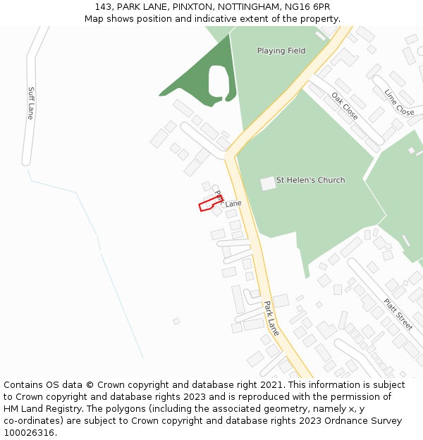 143, PARK LANE, PINXTON, NOTTINGHAM, NG16 6PR: Location map and indicative extent of plot