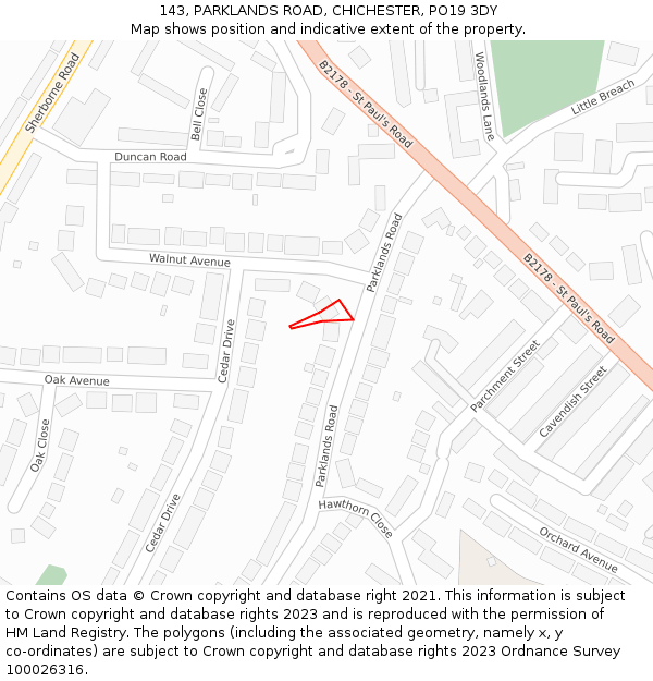 143, PARKLANDS ROAD, CHICHESTER, PO19 3DY: Location map and indicative extent of plot