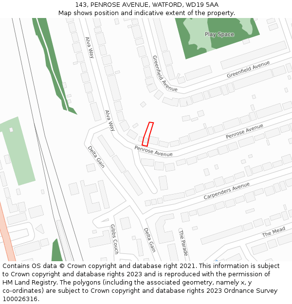 143, PENROSE AVENUE, WATFORD, WD19 5AA: Location map and indicative extent of plot