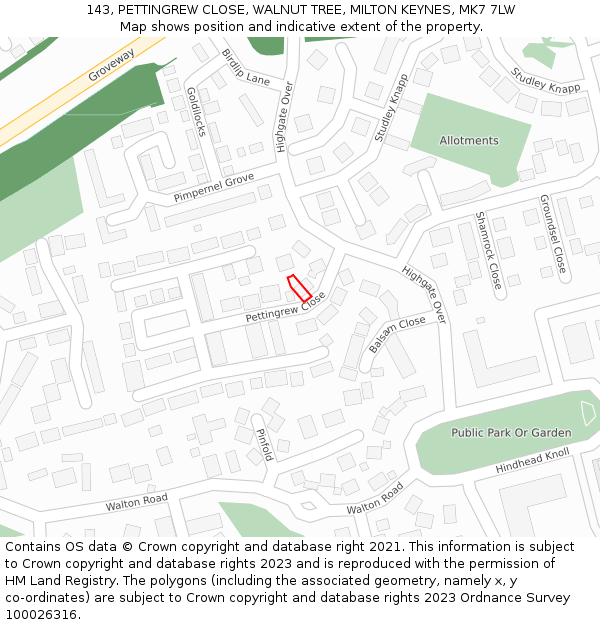 143, PETTINGREW CLOSE, WALNUT TREE, MILTON KEYNES, MK7 7LW: Location map and indicative extent of plot