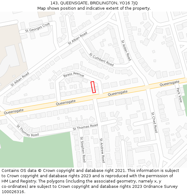 143, QUEENSGATE, BRIDLINGTON, YO16 7JQ: Location map and indicative extent of plot