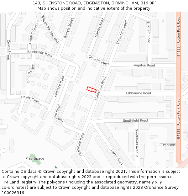 143, SHENSTONE ROAD, EDGBASTON, BIRMINGHAM, B16 0PF: Location map and indicative extent of plot