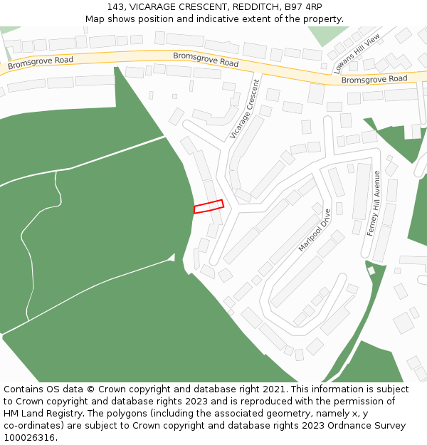 143, VICARAGE CRESCENT, REDDITCH, B97 4RP: Location map and indicative extent of plot