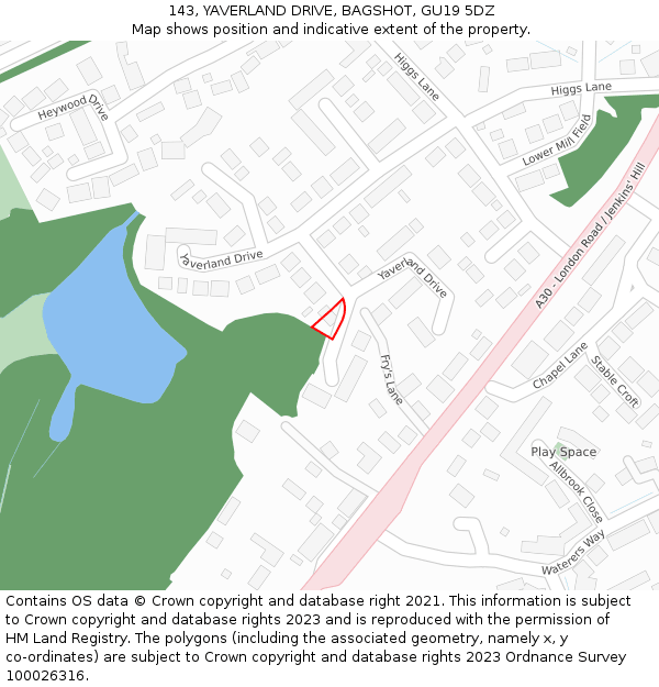 143, YAVERLAND DRIVE, BAGSHOT, GU19 5DZ: Location map and indicative extent of plot