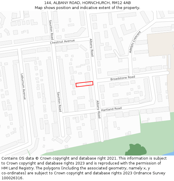 144, ALBANY ROAD, HORNCHURCH, RM12 4AB: Location map and indicative extent of plot