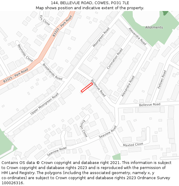 144, BELLEVUE ROAD, COWES, PO31 7LE: Location map and indicative extent of plot