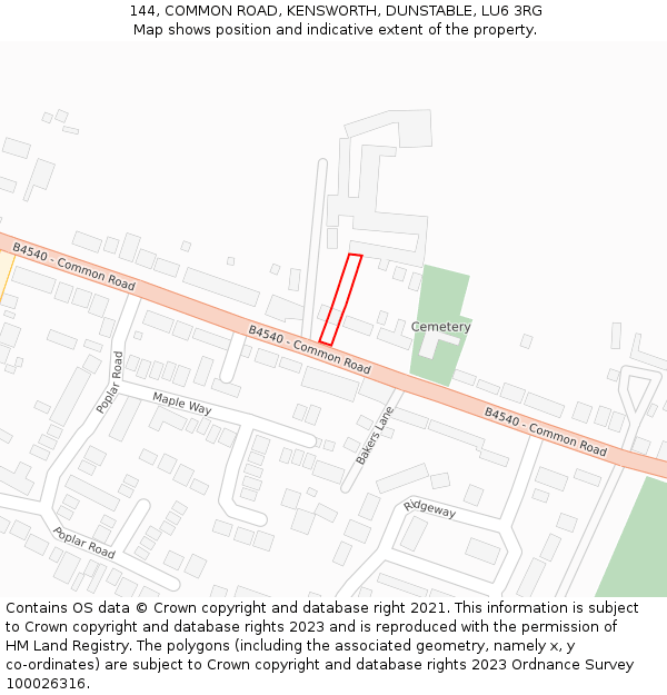 144, COMMON ROAD, KENSWORTH, DUNSTABLE, LU6 3RG: Location map and indicative extent of plot