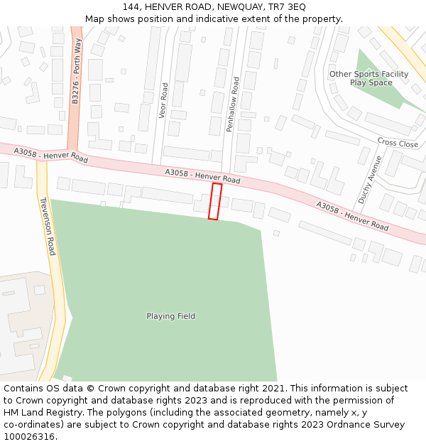 144, HENVER ROAD, NEWQUAY, TR7 3EQ: Location map and indicative extent of plot