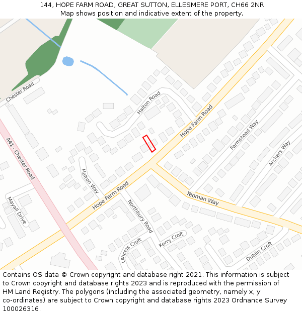 144, HOPE FARM ROAD, GREAT SUTTON, ELLESMERE PORT, CH66 2NR: Location map and indicative extent of plot