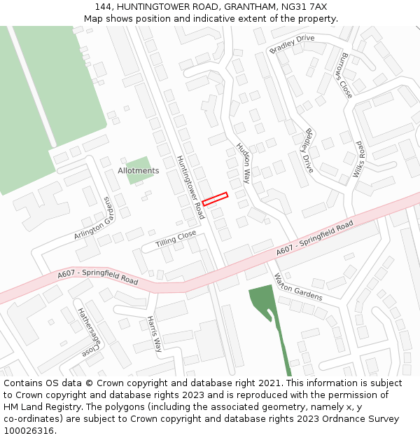 144, HUNTINGTOWER ROAD, GRANTHAM, NG31 7AX: Location map and indicative extent of plot