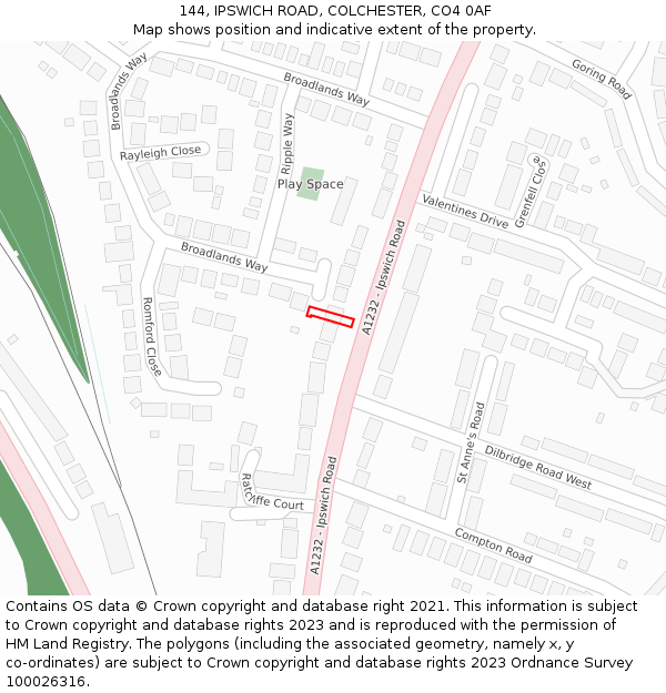 144, IPSWICH ROAD, COLCHESTER, CO4 0AF: Location map and indicative extent of plot