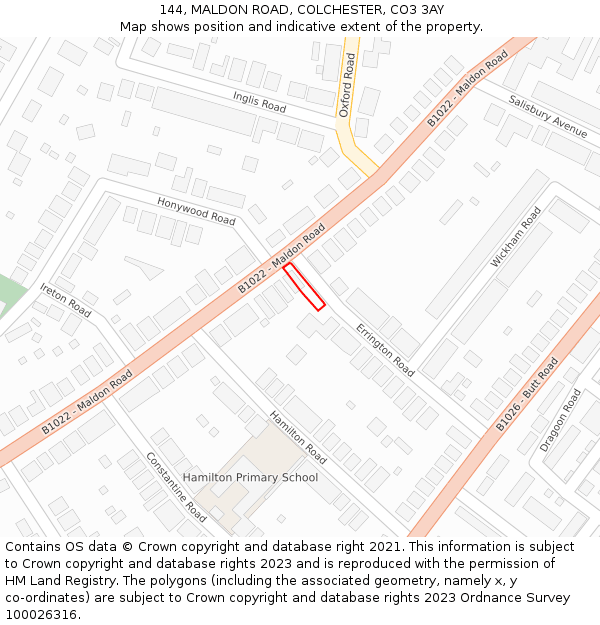 144, MALDON ROAD, COLCHESTER, CO3 3AY: Location map and indicative extent of plot