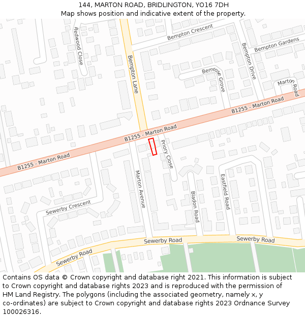 144, MARTON ROAD, BRIDLINGTON, YO16 7DH: Location map and indicative extent of plot