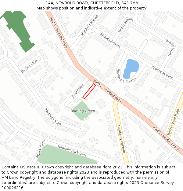 144, NEWBOLD ROAD, CHESTERFIELD, S41 7AA: Location map and indicative extent of plot