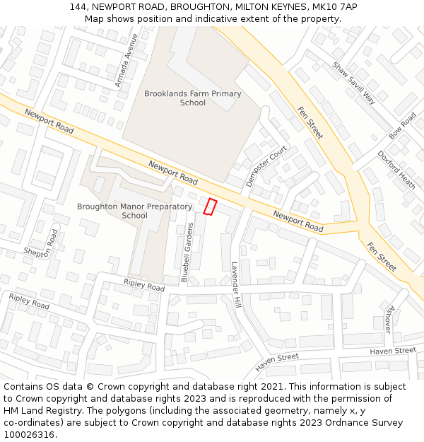 144, NEWPORT ROAD, BROUGHTON, MILTON KEYNES, MK10 7AP: Location map and indicative extent of plot