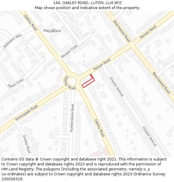 144, OAKLEY ROAD, LUTON, LU4 9PZ: Location map and indicative extent of plot