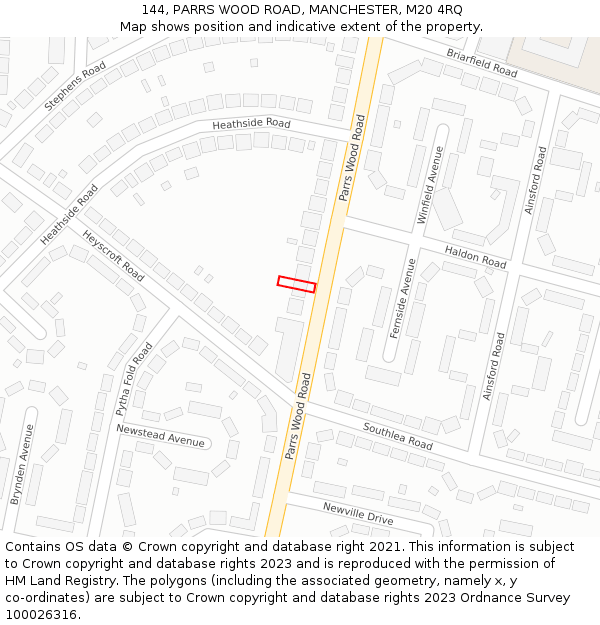 144, PARRS WOOD ROAD, MANCHESTER, M20 4RQ: Location map and indicative extent of plot