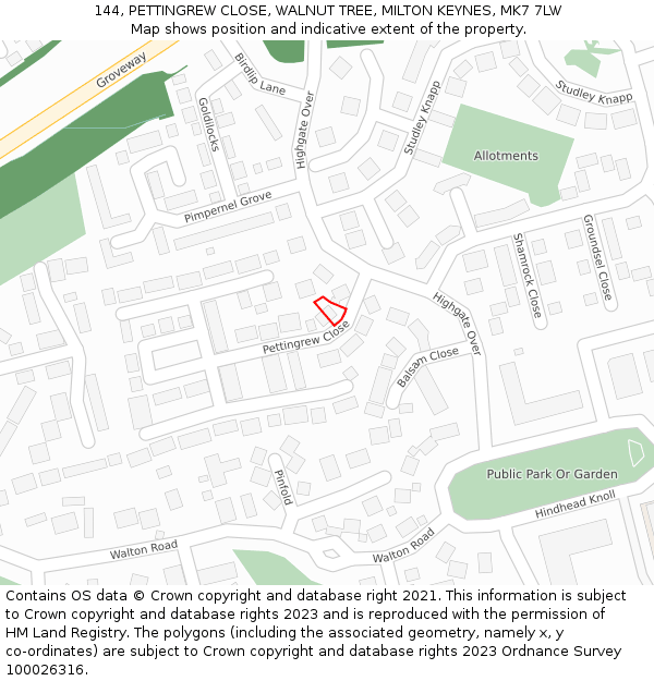144, PETTINGREW CLOSE, WALNUT TREE, MILTON KEYNES, MK7 7LW: Location map and indicative extent of plot