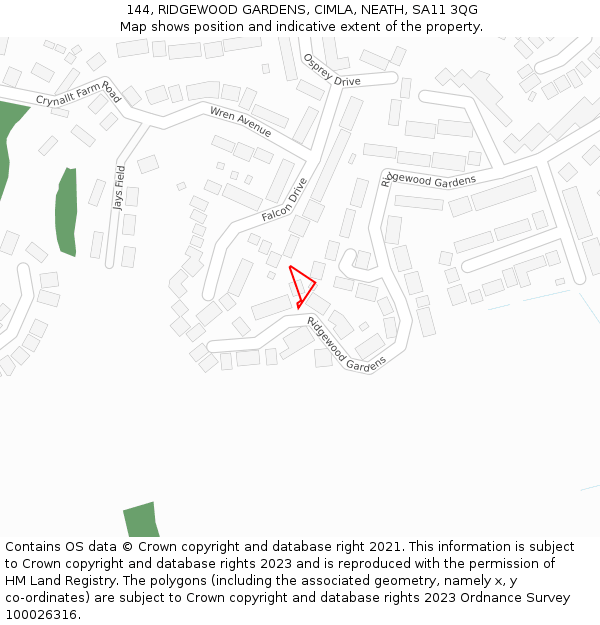 144, RIDGEWOOD GARDENS, CIMLA, NEATH, SA11 3QG: Location map and indicative extent of plot