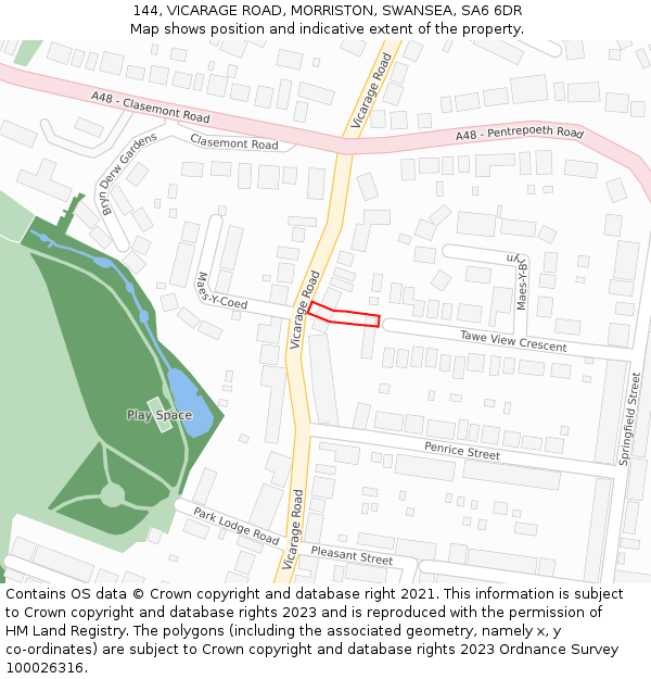 144, VICARAGE ROAD, MORRISTON, SWANSEA, SA6 6DR: Location map and indicative extent of plot