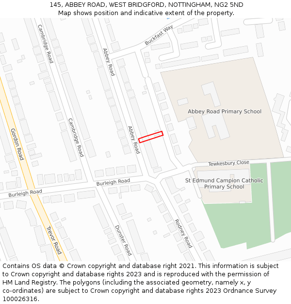 145, ABBEY ROAD, WEST BRIDGFORD, NOTTINGHAM, NG2 5ND: Location map and indicative extent of plot