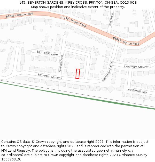 145, BEMERTON GARDENS, KIRBY CROSS, FRINTON-ON-SEA, CO13 0QE: Location map and indicative extent of plot