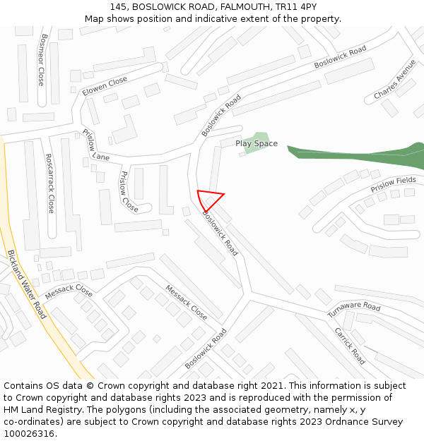 145, BOSLOWICK ROAD, FALMOUTH, TR11 4PY: Location map and indicative extent of plot