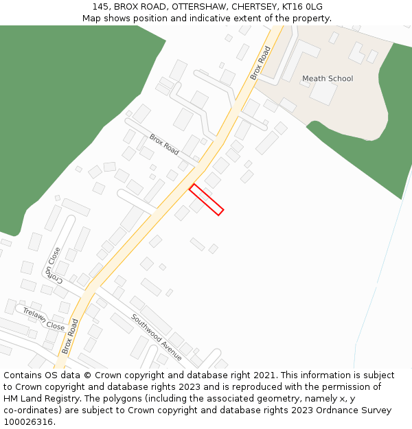 145, BROX ROAD, OTTERSHAW, CHERTSEY, KT16 0LG: Location map and indicative extent of plot