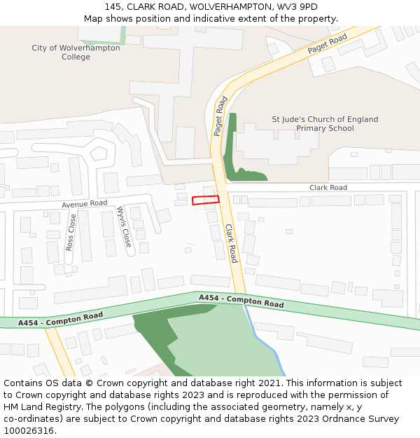 145, CLARK ROAD, WOLVERHAMPTON, WV3 9PD: Location map and indicative extent of plot