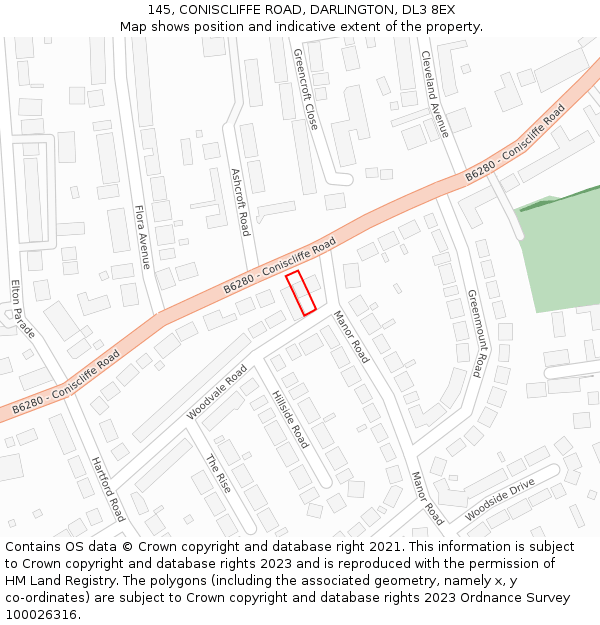 145, CONISCLIFFE ROAD, DARLINGTON, DL3 8EX: Location map and indicative extent of plot