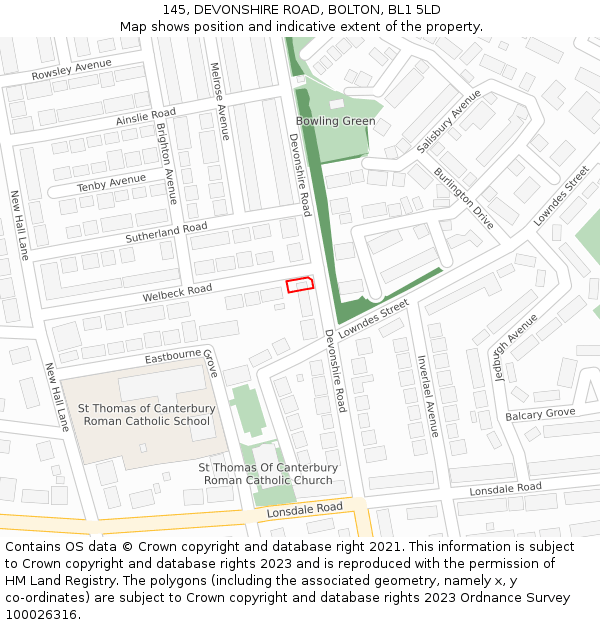 145, DEVONSHIRE ROAD, BOLTON, BL1 5LD: Location map and indicative extent of plot