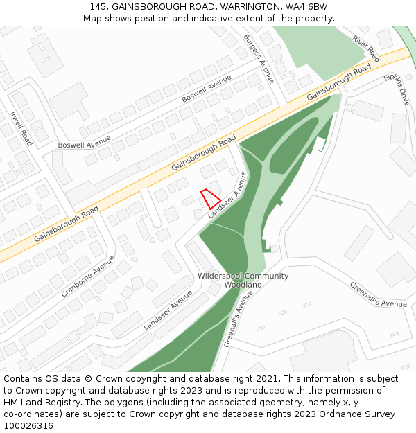 145, GAINSBOROUGH ROAD, WARRINGTON, WA4 6BW: Location map and indicative extent of plot